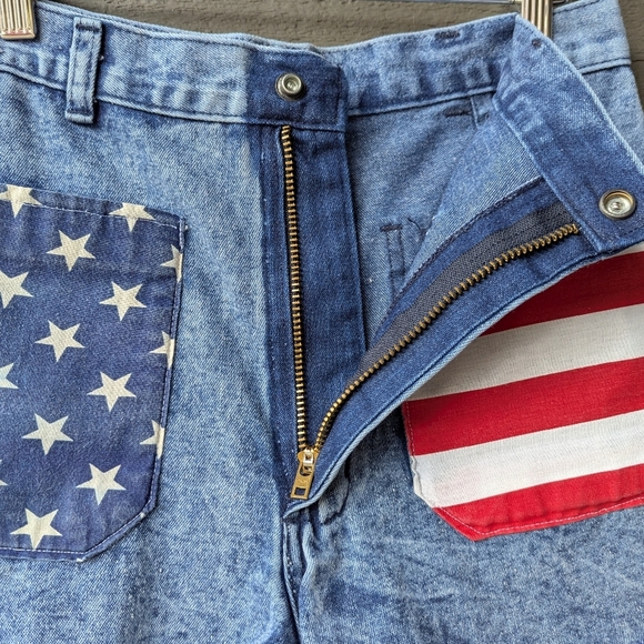 Vintage 80s Navdungaree American Flag Jean Shorts Cutoffs Size 31 Patchwork - Picture 6 of 9
